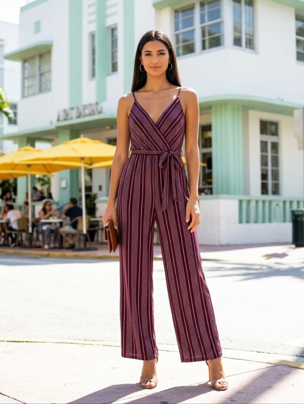 Band of Gypsies Striped Burgundy Wide Leg Sleeveless Boho Jumpsuit Size Small